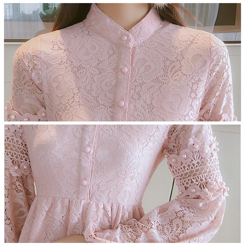 

Casual women dress spring autumn long lantern sleeve pearl hollow lace party dress women fashion stand collar a-line midi dress