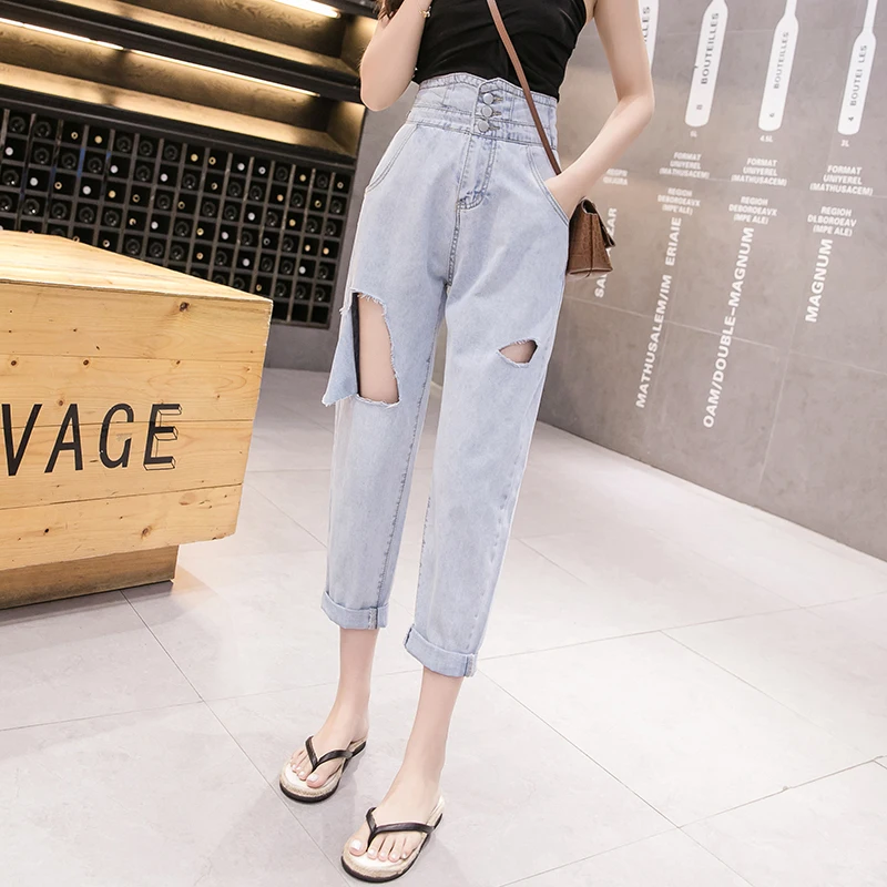 2019 новые модные женские джинсы с дырками и высокой талией свободные летние