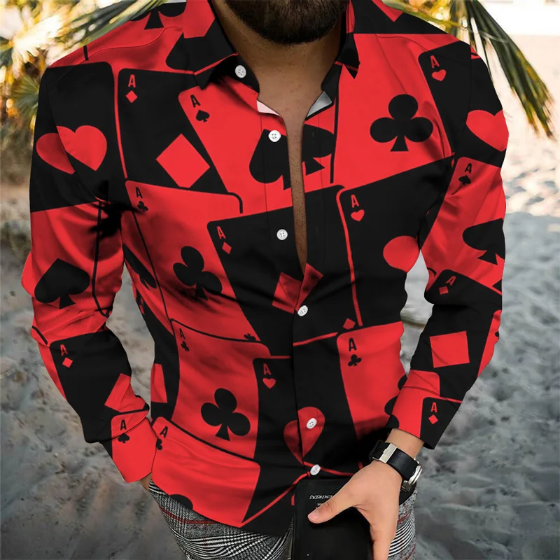 

Autumn Winter Unique Men Long Sleeves Shirt Top Trendy Shirt Ace Poker 3D Pattern Youthful Vigorous Style Oversize 50kg-85kg