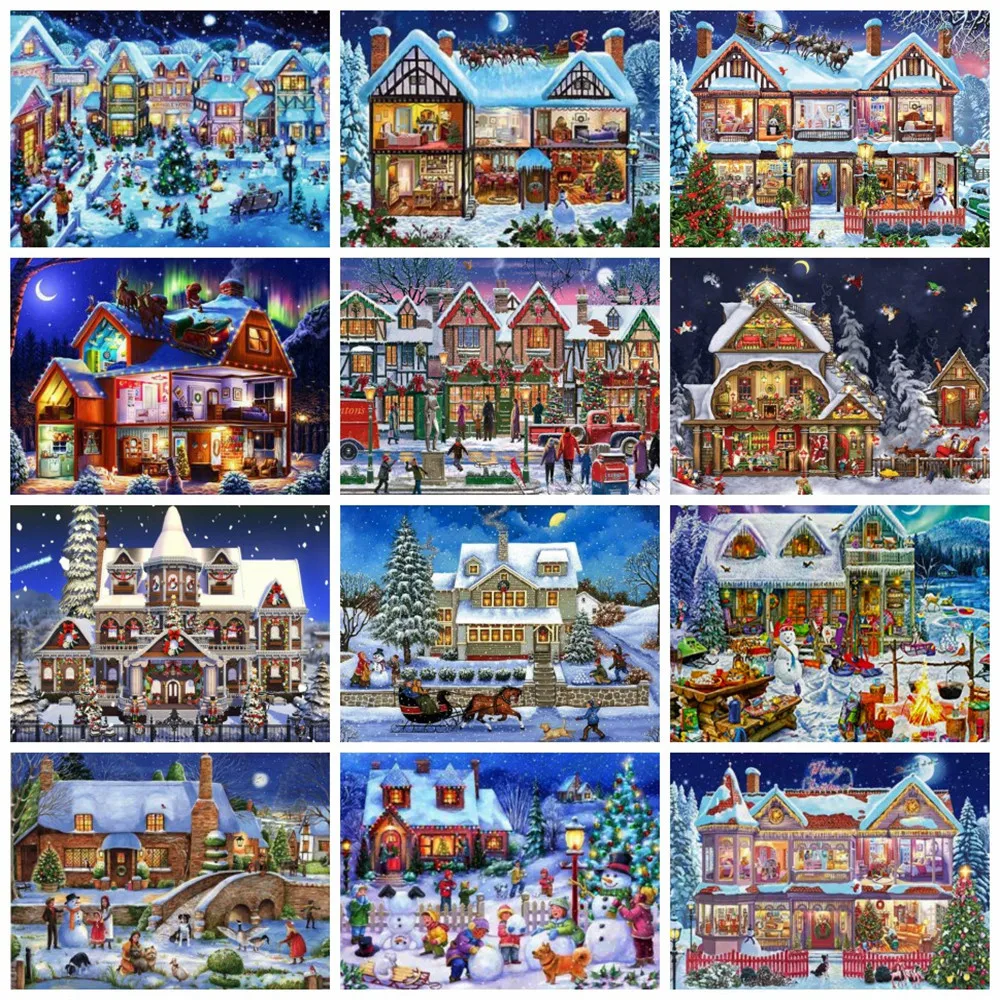 

Алмазная мозаика Huacan, зима дом Бриллиантовая вышивка, пейзаж, Рождественское украшение для дома