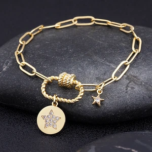 AIBEF Micro Pave Crystal Star Bracelets Adjustable Lock Link Chain Jewelry Cubic Zirconia Charm Pendant For Women Birthday Gift