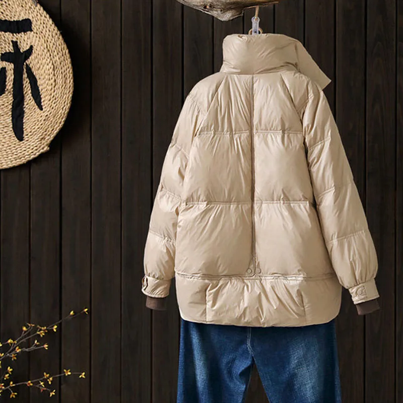 Пуховик женский на белом утином пуху с высоким воротником свободный Осень-зима