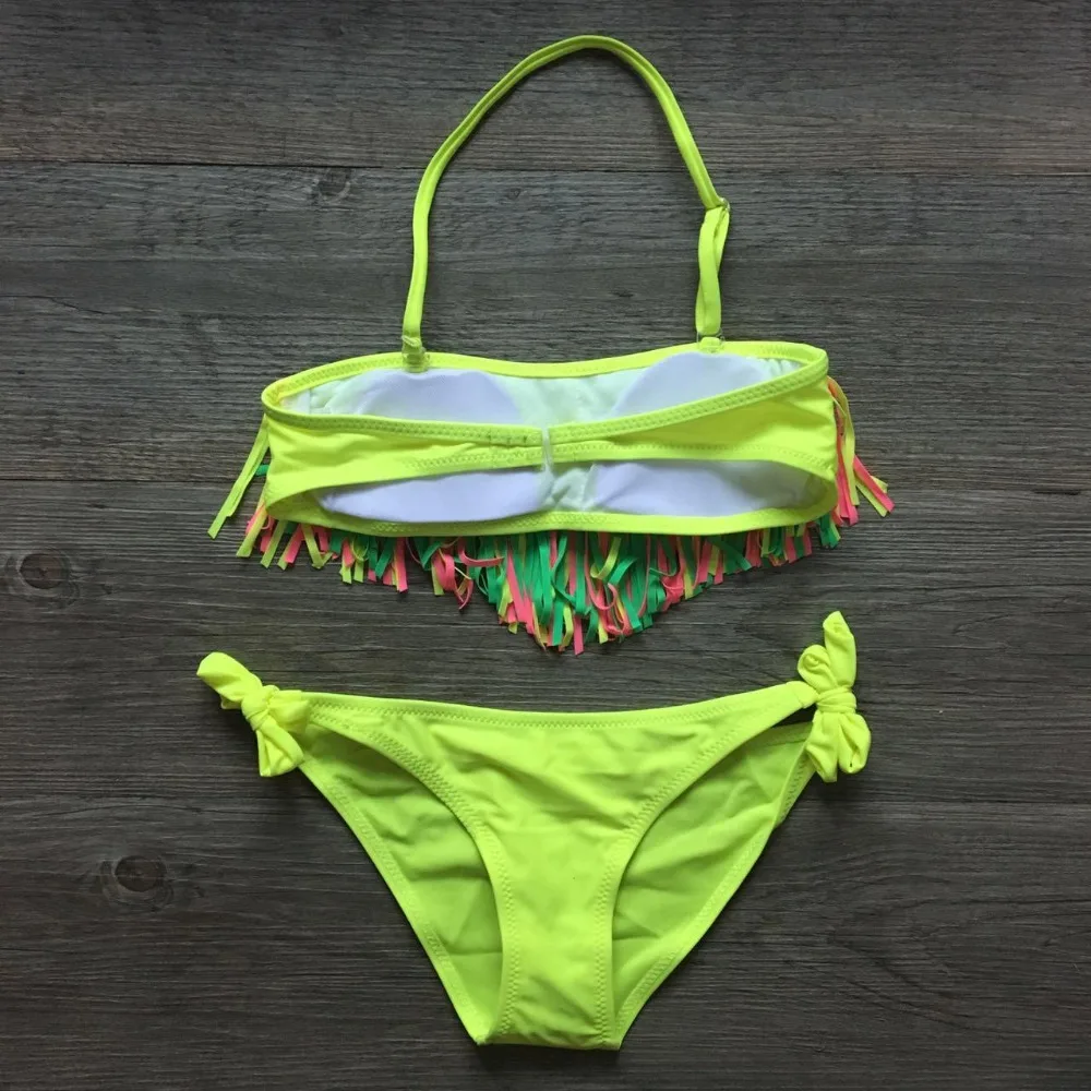 2020 Детские купальники с кисточками однотонные бикини для девочек бандажный