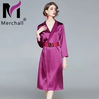 high quality acetate satin elegant purple dress office lady suit v collar long sleeve 2021 runway party dress with belt m53972