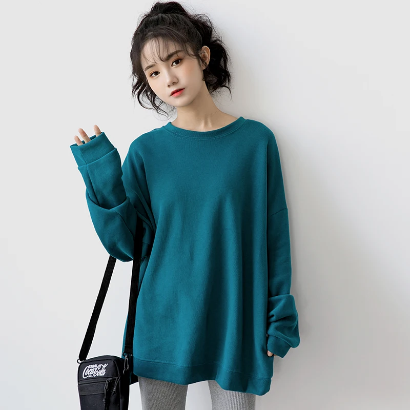 

Новинка 2021, Ранняя весна, топ, женский свободный свитер средней длины в Корейском стиле, синего павлина, с длинным рукавом, весна и осень