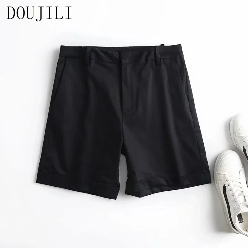 

DOUJILI Hot Summer Shorts High Waist Zipper Solid Color Black Short Pants For Women Female Casual Wearing