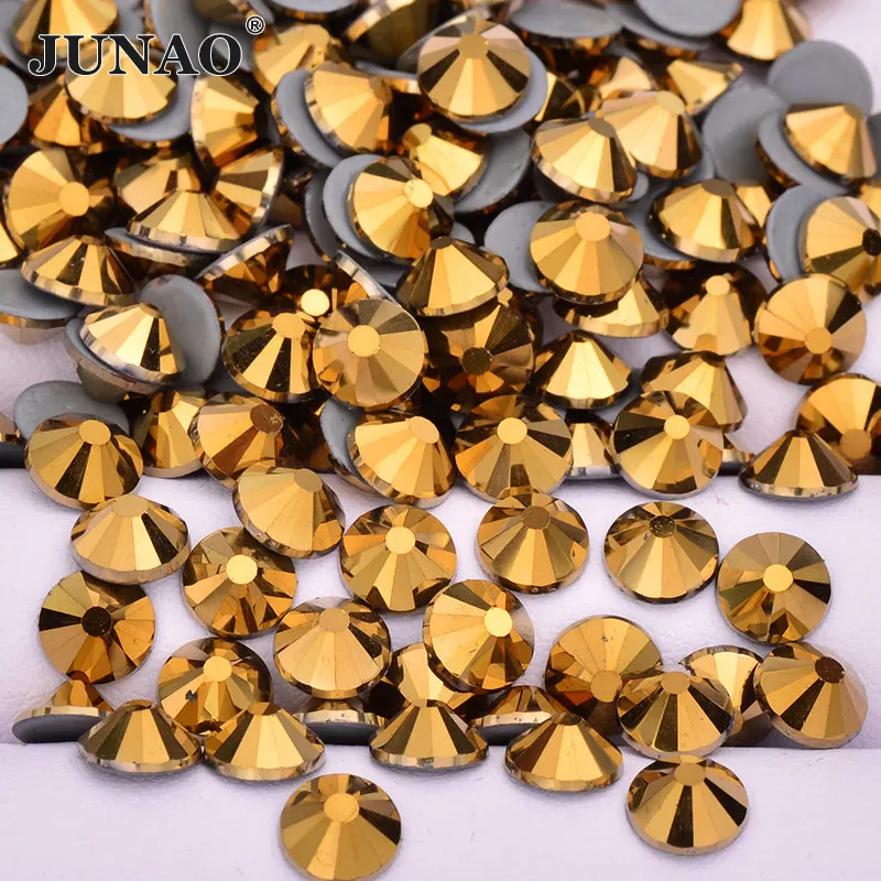 Gold JUNAO SS6 8 10 12 16 20 30 блеск светлый розовый с напылением АВ Hot Fix Кристаллы Стразы Круглый Flatback Стразы, бриллианты для свадебных платьев - Цвет: Gold