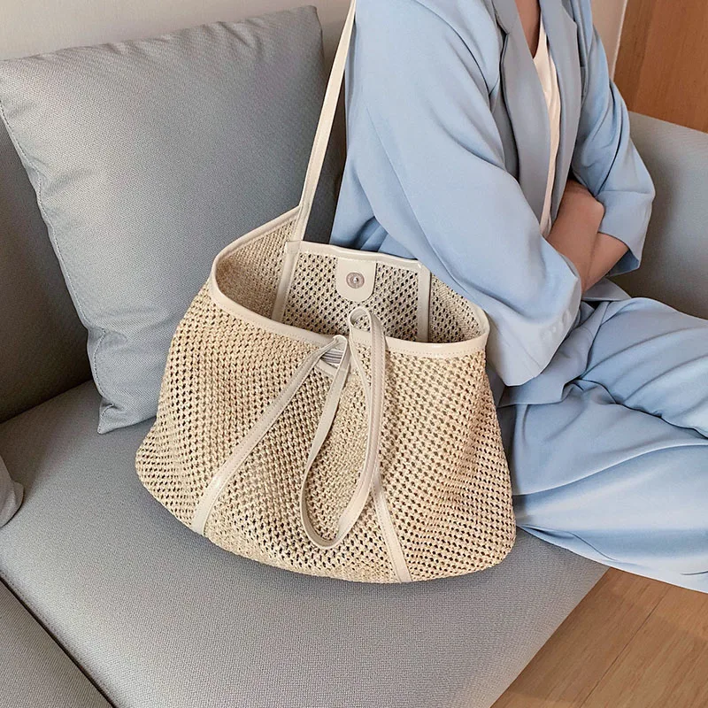 

casual straw large capacity tote wicker woven shoulder bags rattan handbags summer beach bag travel big purses female sac 2021