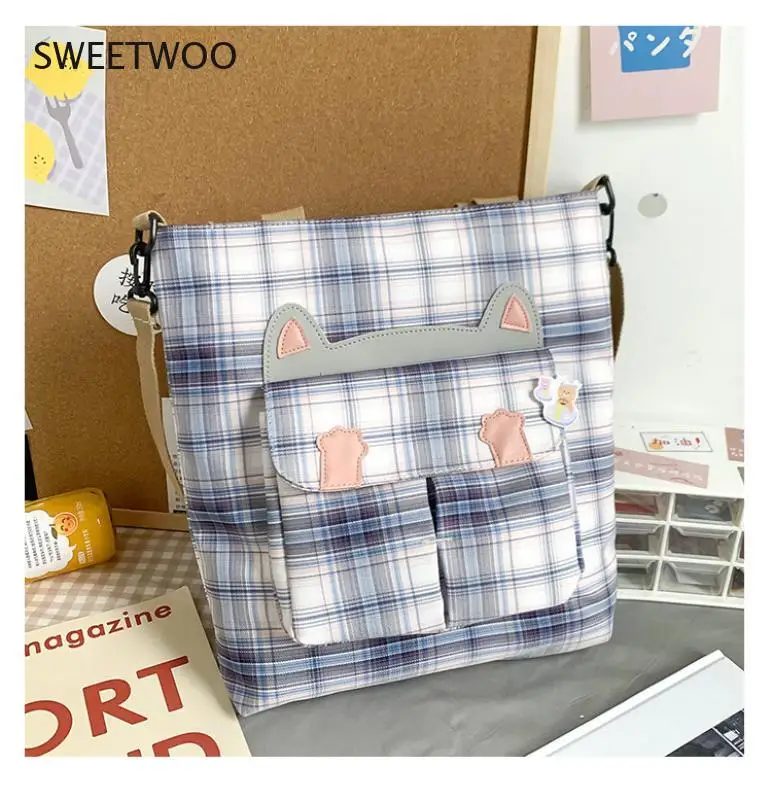 Plaid ladies shoulder bag soft cloth fabric handbag large capacity cotton bow canvas bag beautiful girl