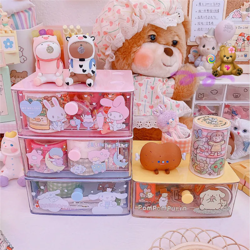 

1PC Cartoon Melody Twin Stars Storage Cabinet Drawer Cosmetics Makeup Stationery Organizer Plastic Storage Box Figure Toys Gift