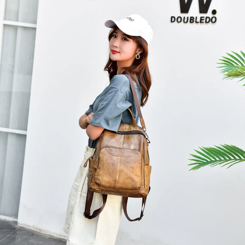 luxury genuine leather backpack women casual cow leather backpacks for travel gray ladies shoulder bag