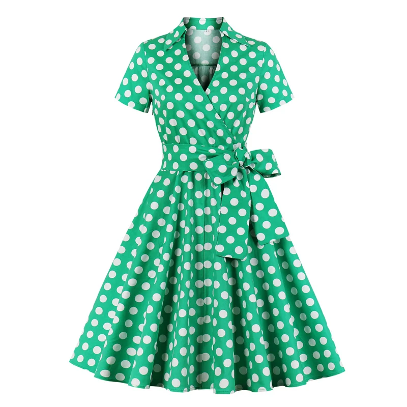 

Hepburn Style Green Polka Dot Wrap Belted Vintage Dress Robe Femme Ete Elegant Women Short Sleeve Summer Pin Up Big Swing Dress