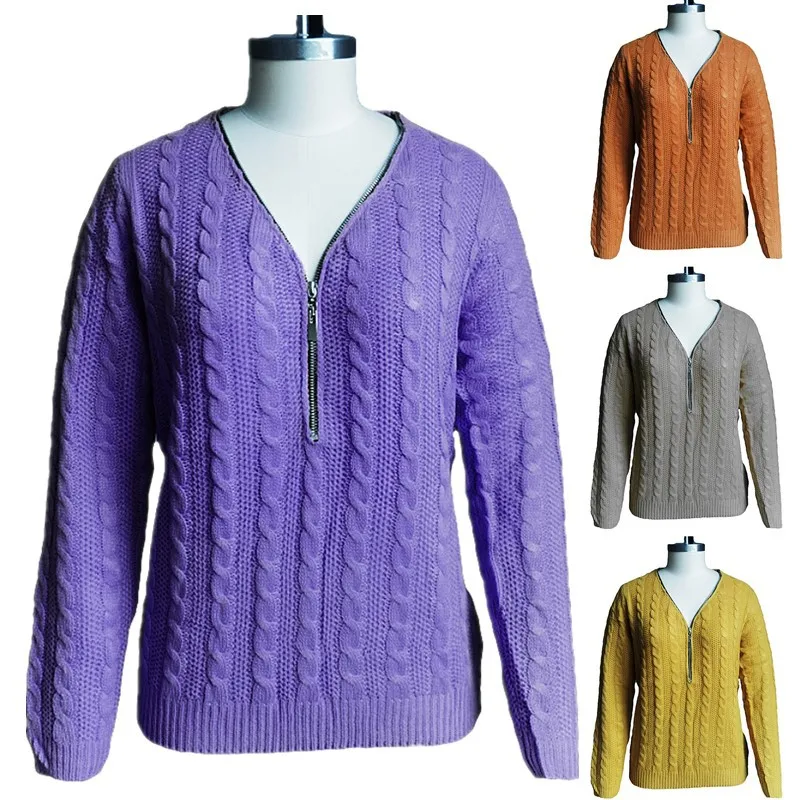 

Autumn and winter women's new sweater wild fashion V-neck knitted twist zipper long-sleeved sweater women