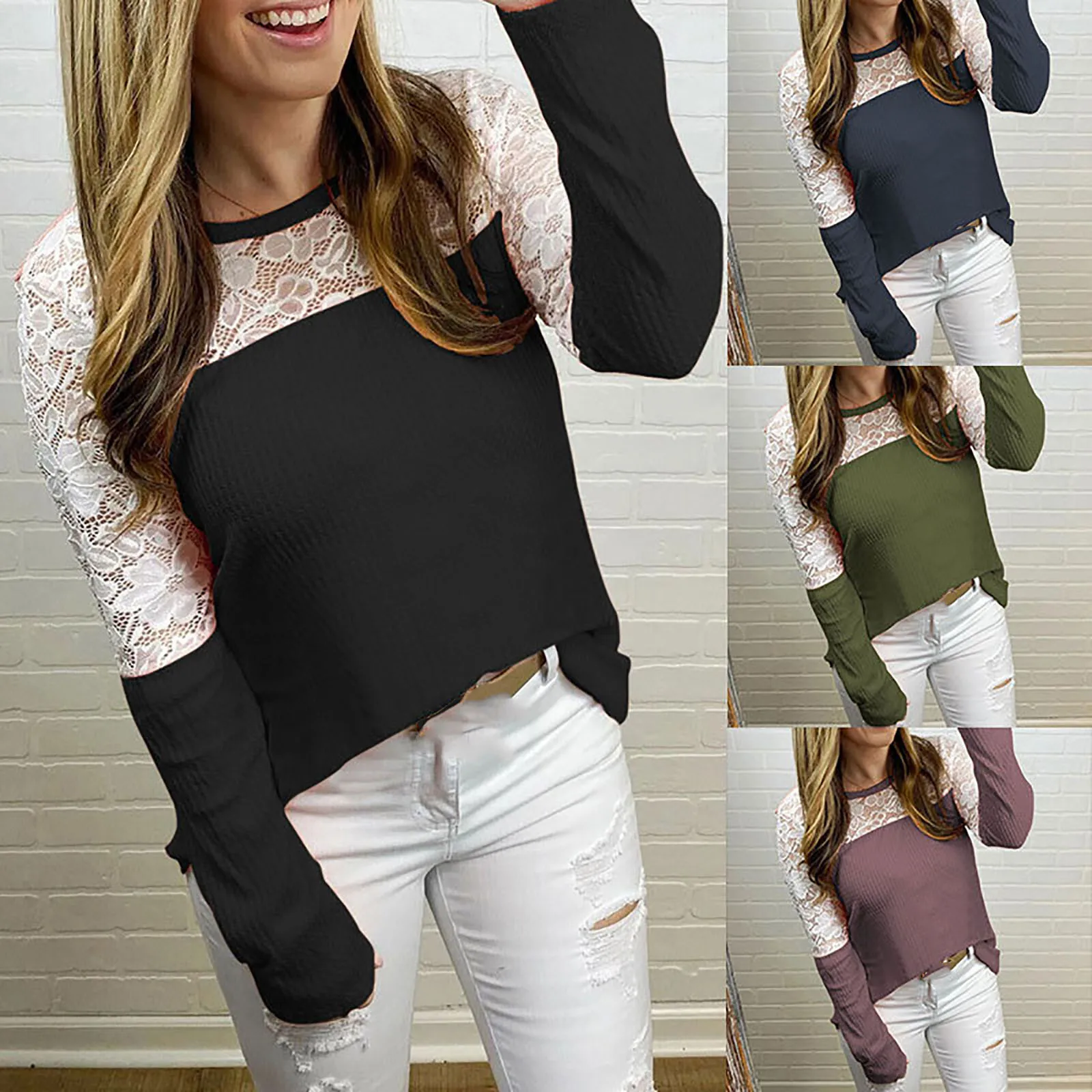 

Harajuku T Shirts Autumn Women Fashion Solid Color Round Neck Slim Fit Stitching Lace Long Sleeve Top Camisetas De Mujer
