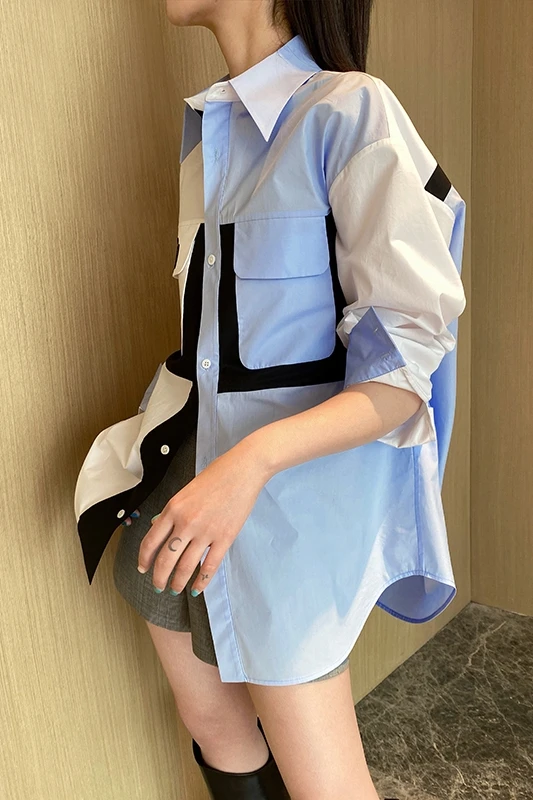 

SuperAen 2021 New Design Embroidered Contrast Patchwork Full Turn-down Collar Casual Loose Women Shirts