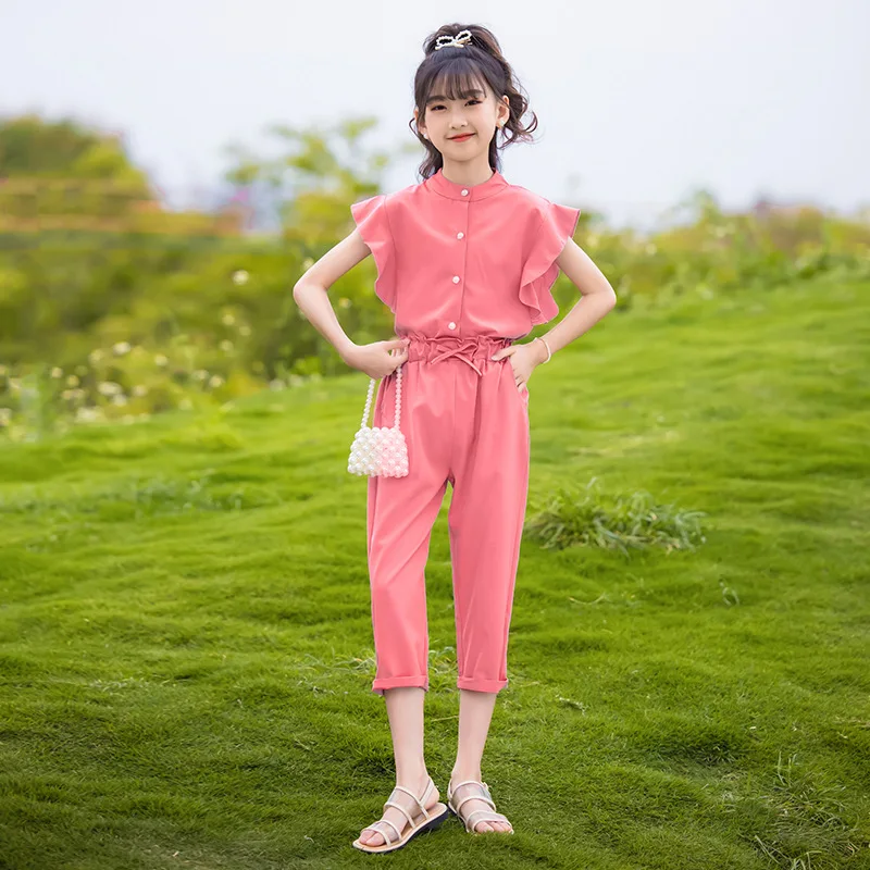 

2PCS Set Kids Girls Summer Outfits Solid Shirt Tops+Pants 2021 New Children Clothes Teen Girl Clothing Suits