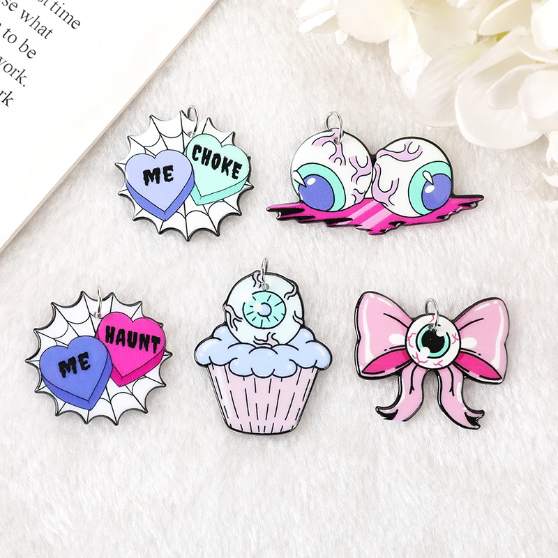 

10Pcs Halloween Charms Horror Bow Eyeball Bloody Spooky Cupcake Haunt Me Acrylic Jewlery Findings For Earring Necklace Diy
