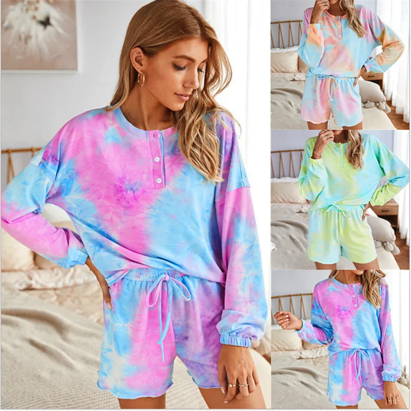 

Casual Tie Dye Two Piece Set Women Tracksuit Fashion Autumn Long Sleeve Top and Biker Shorts Matching Sets Outfit Sportswear New