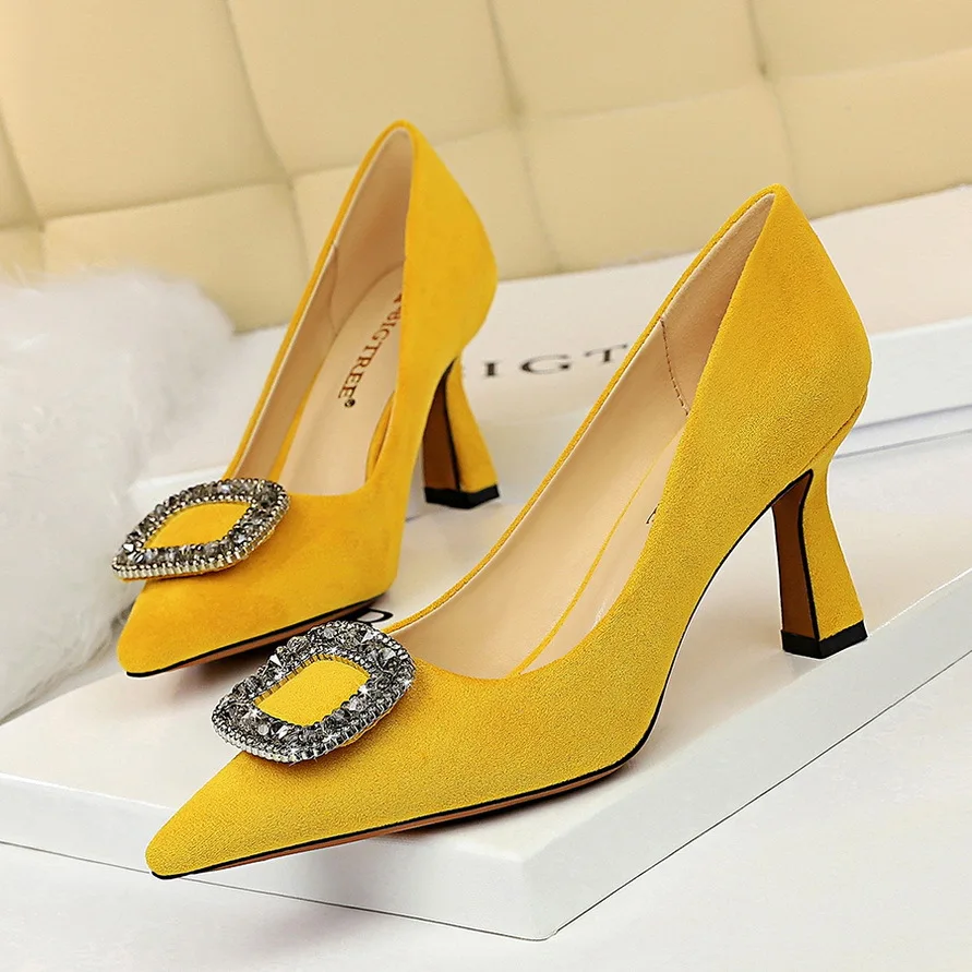

1878-7 fashion sexy banquet high heels high suede shallow pointed water drill buckle single shoes
