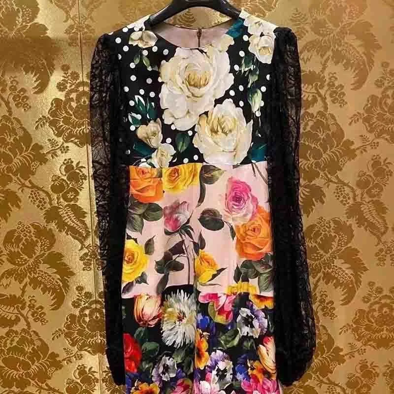 

2021 New Summer Minidress For Women O-neck Lace Lantern Sleeve Floral Print Patchwork Long Sleeve Wrap Dress Elegant