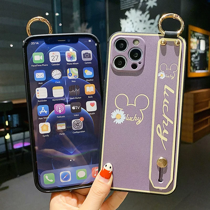 

for iPhone 12 11 Pro Max X XR XS Max 7 8 Plus floral doodle Wristband Protective Case, mobile phone holder TPU soft shell