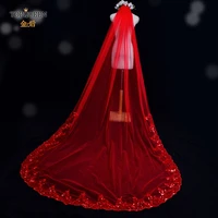 topqueen v86 long 3m wedding tulle veils with sequin cathedral embroidery bridal veil with comb red shiny veil for bride