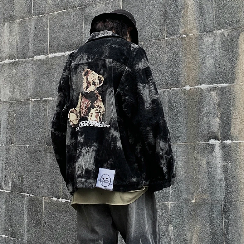 Вельветовые куртки с принтом мишки мужские высокой уличной темной системой