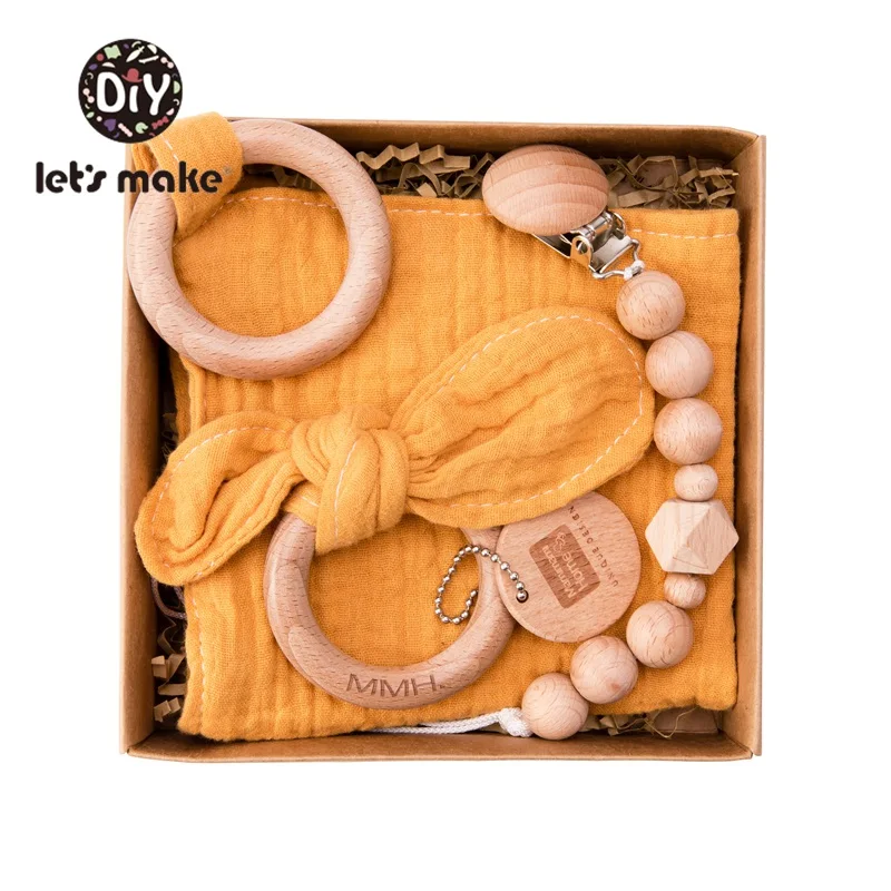 yellow Детское Зубное кольцо от компании Let's Make; зубное кольцо из дерева Детское Зубное кольцо& детский слюнявчик, полотенце для слюней и соски с цепочкой для младенцев, комплект с заячьими ушками; без добавления бисфенола А новорожденного продукты - Цвет: yellow