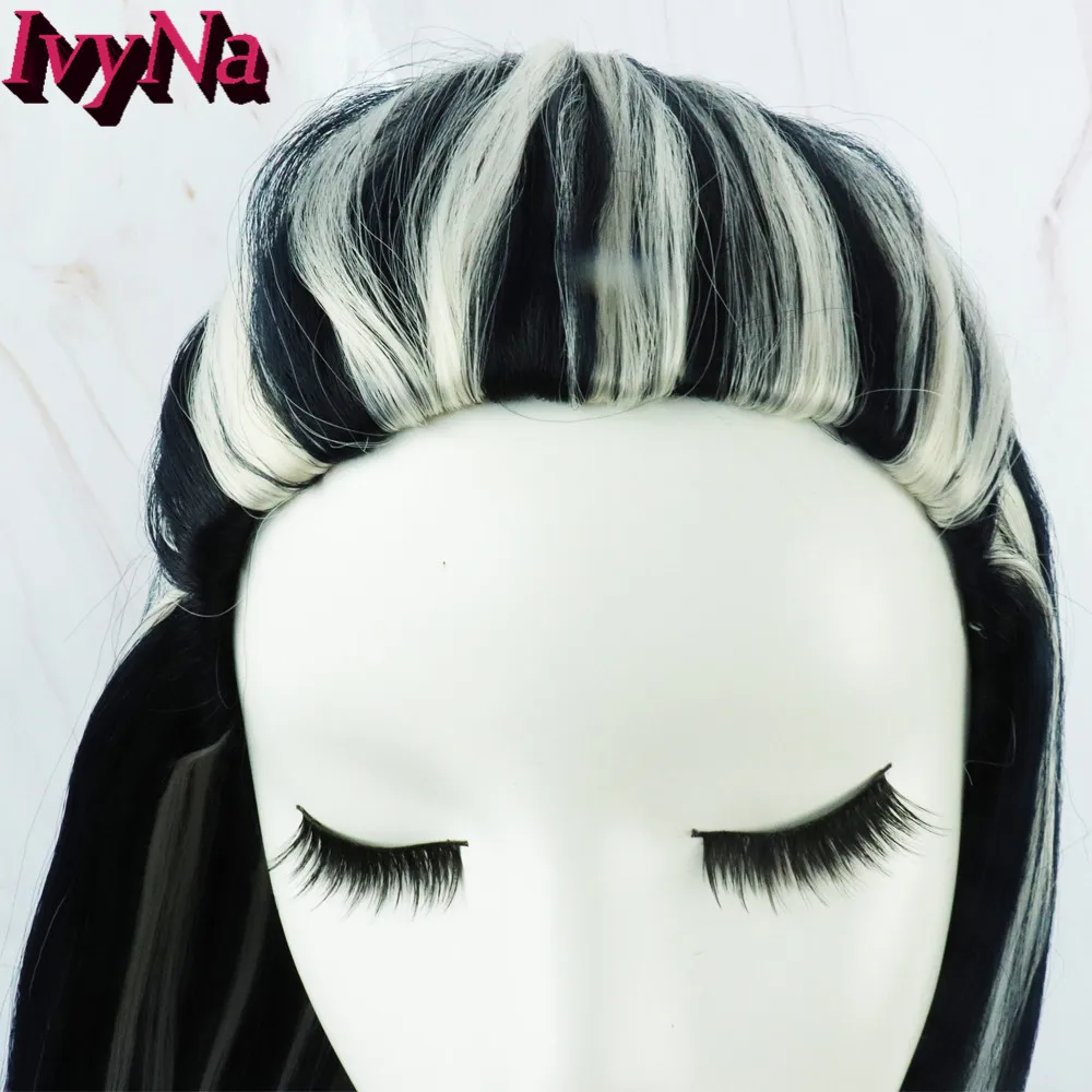 

IvyNa Long Natural Straight Highlights Color Synthetic Hair Cosplay Wigs for Women Heat Resistant Black Highlights White Wigs