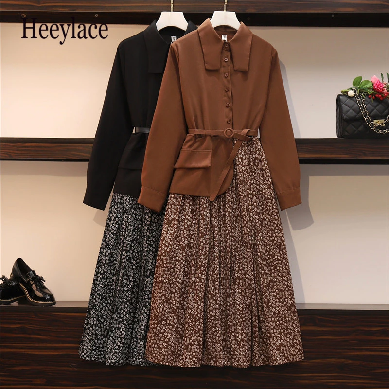 

Women Elegant Long Dress Autumn 2022 Korean Fashion Long Sleeve Shirt Patchwork Fake 2 Piece Floral Dresses