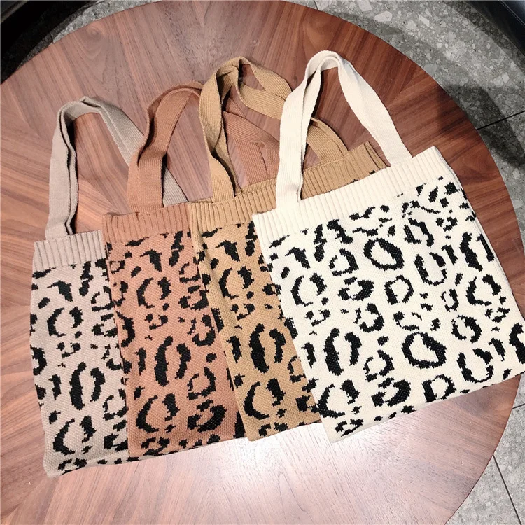 

2020 Fashion Handle Handbags Women Knitted Shopping Bag Foldable Leopard Printing Weave Shoulder Bags Casual Wool Totes