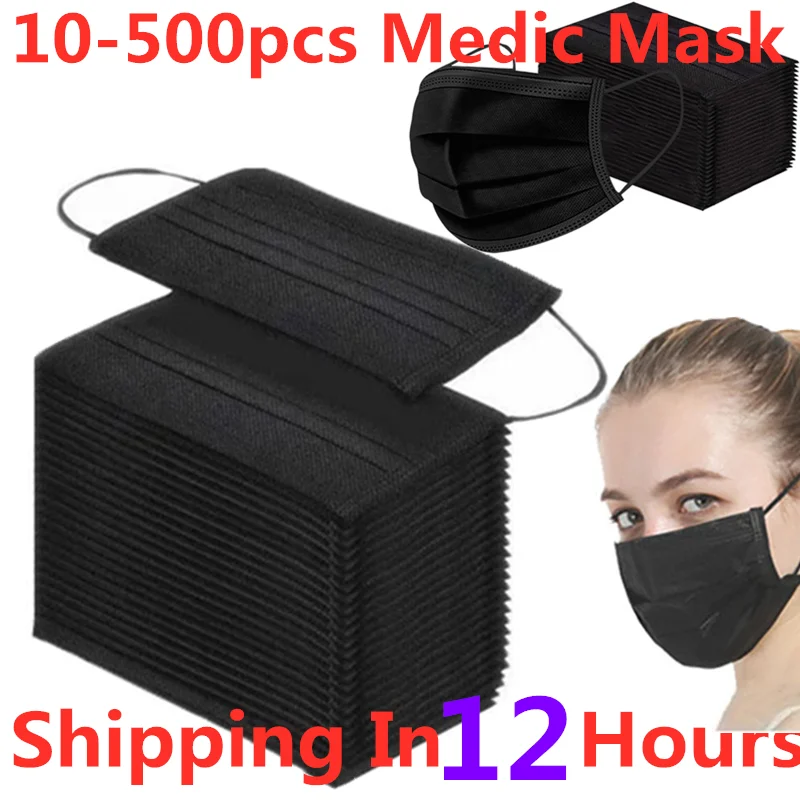 

10-500pcs mascarillas quirurgicas homologadas Disposable Black Medical Mouth Face Mask 3 Layers Non-Woven Adult Surgical Mask