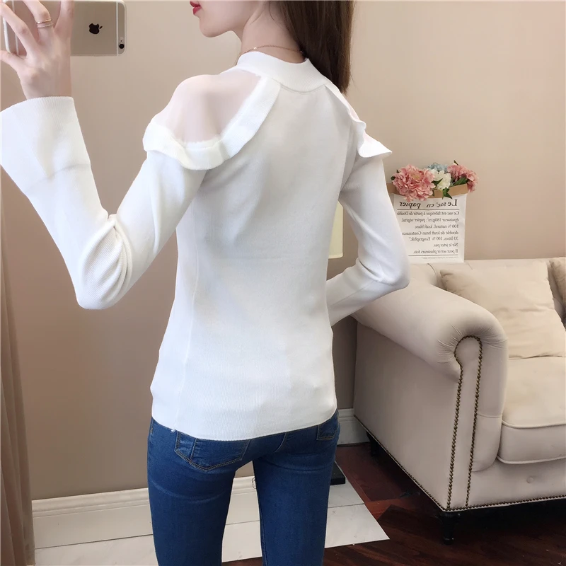 Женский свитер с открытыми плечами кружевной пуловер высоким воротником и