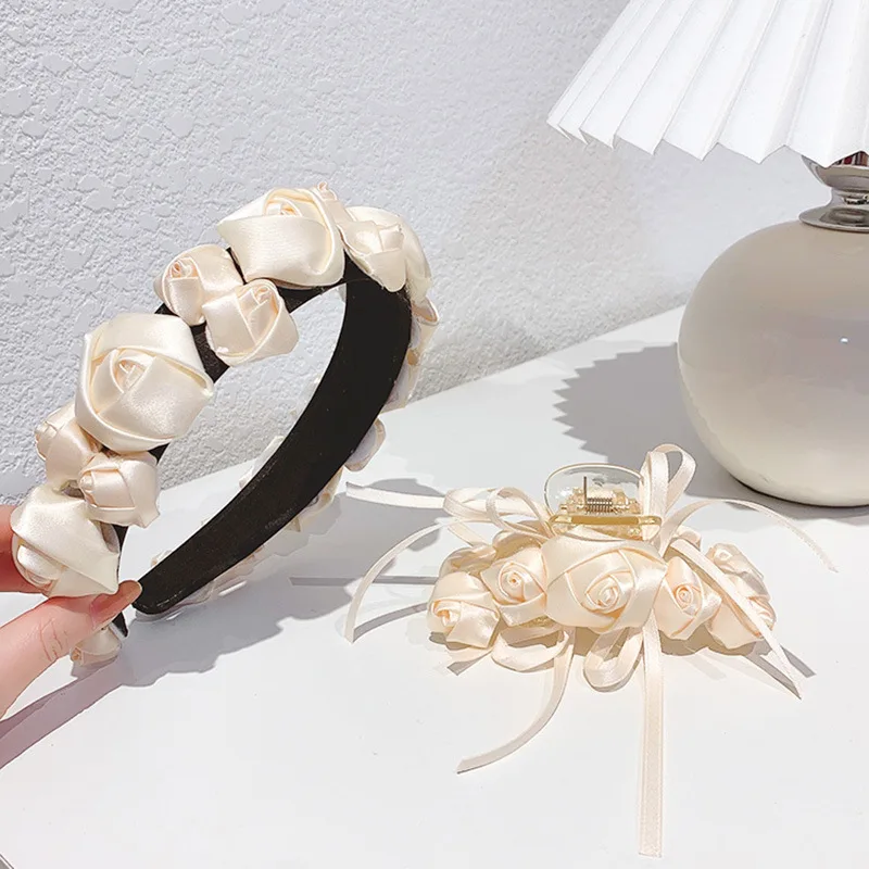 

Satin Rose Flower Hairbands For Women Wedding Hair Accessories Fancy Headband for Girls Headbands Head Wrap