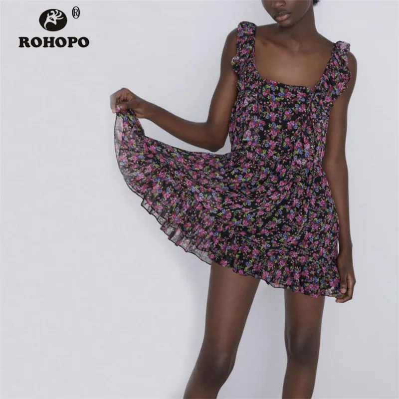 ROHOPO Двухслойное женское шифоновое черное платье с цветочным рисунком