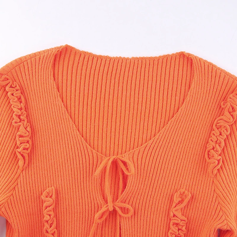 

IAMSURE Bandage Split Knitted Cardigan Casual Solid Long Flare Sleeve O-Neck Tops Women 2021 Fashion Autumn Spring Streetwear