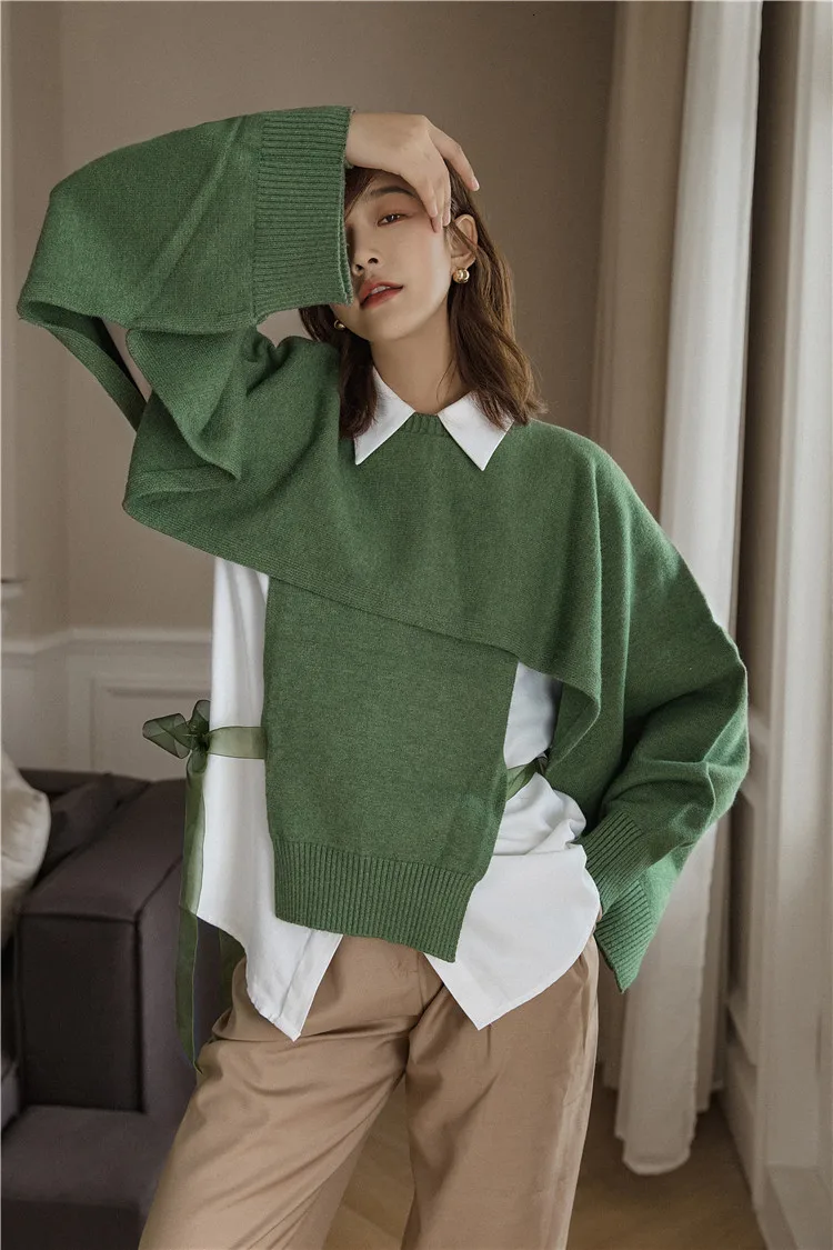 LANMREM Original Two-piece Hooded Vest Sweater Tied Bandwidth Loose Long Sleeves Outside Sweaters Women 19B-a220