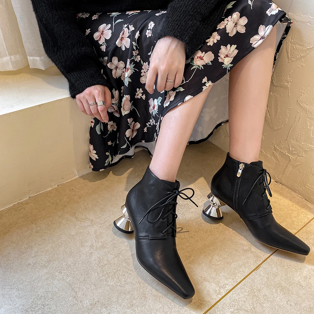 Harga Aliona Shoo Sepatu Bot Pergelangan Kaki Kulit Asli Sepatu Hak Tinggi Wanita Musim Gugur Hak Aneh Sepatu Bot Berenda Ujung Persegi Wanita Modis