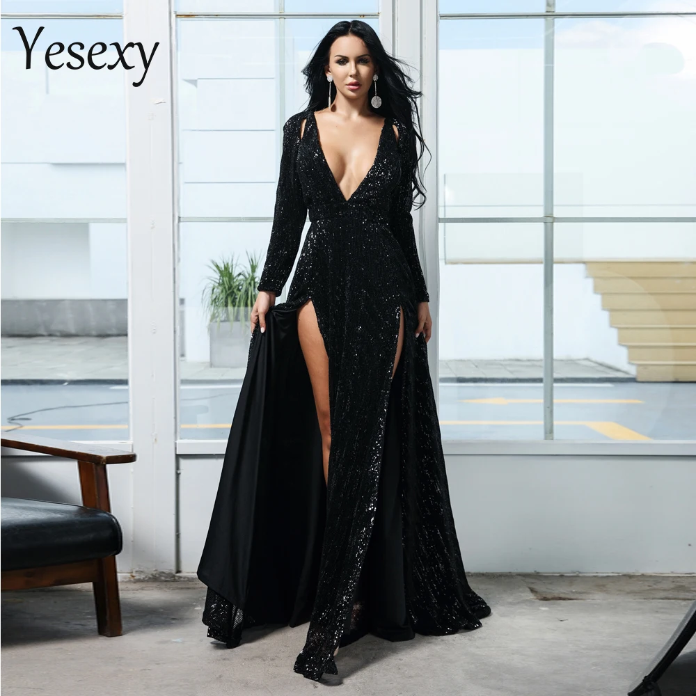 Yesexy женские Сексуальные Платья-макси с длинным рукавом и глубоким v-образным вырезом, Осеннее элегантное женское однотонное вечернее платье с блестками VR9707