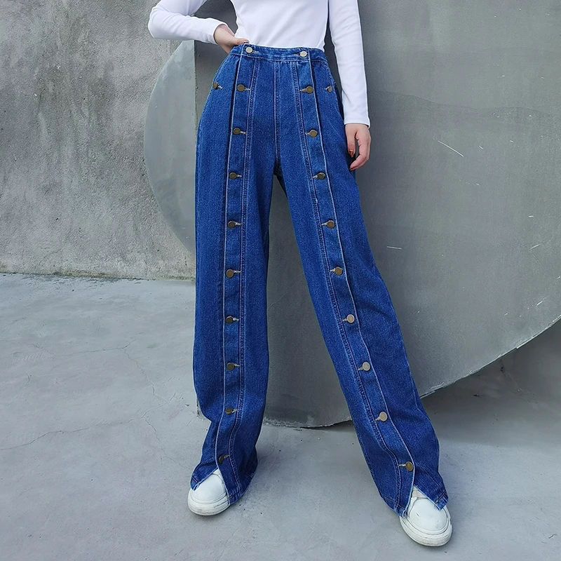

Spring 2021 Street Fashion Button Jeans Woman Blue Washed High Waist Wide Leg Pants Pantalones De Mujer Cintura Alta