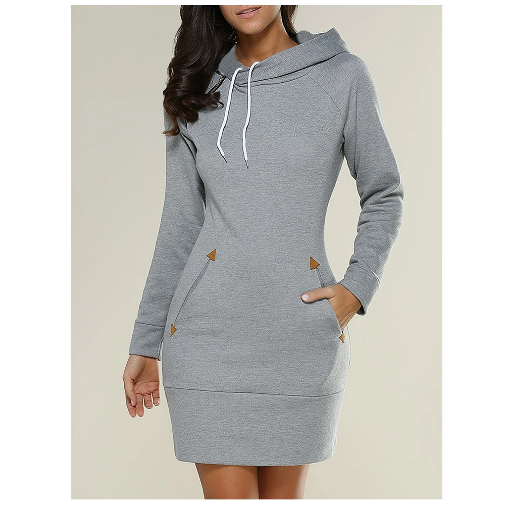 

Women Autumn Winter Dresses Turtleneck Long Sleeve Hooded Dress Warm Sweatshirt Midi Dress Pocket Simple Casual Dress