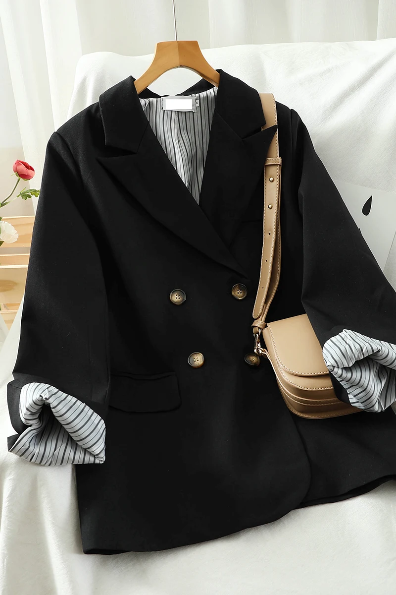 

Loose Casual Suit Jacket 2020 Autumn New Korean Lady's Retro Design Solid Double-breasted Blazer Women Casual Coat