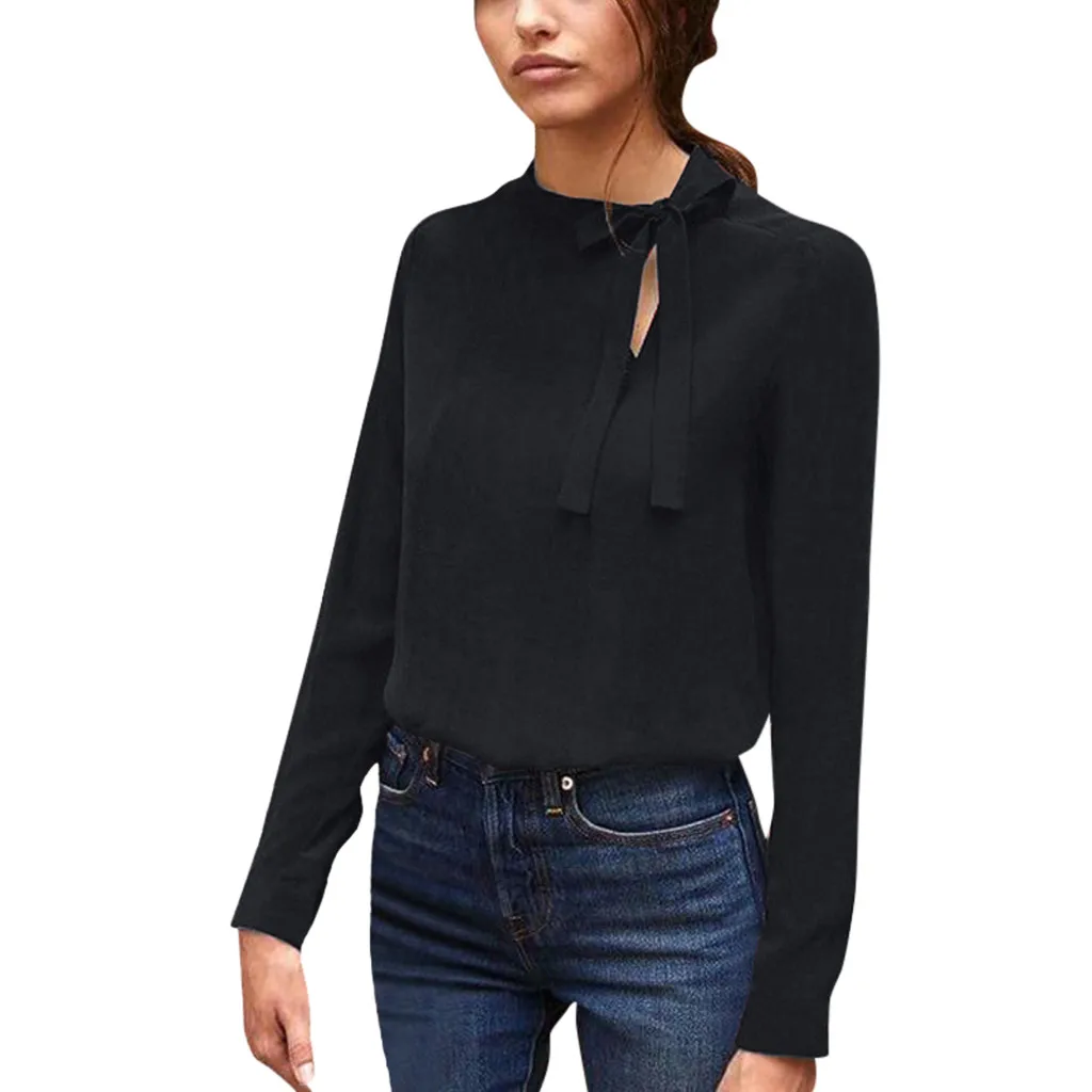 Женская однотонная блузка с длинным рукавом Однотонная рубашка бантом топы