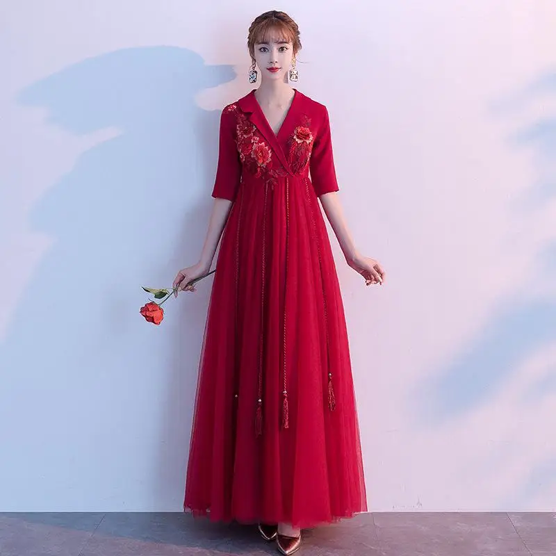 Черное асимметричное вечернее платье с цветочной вышивкой Qipao для женщин Cheongsam воротник Мандарин перспективное Сетчатое платье - Цвет: burgundy c