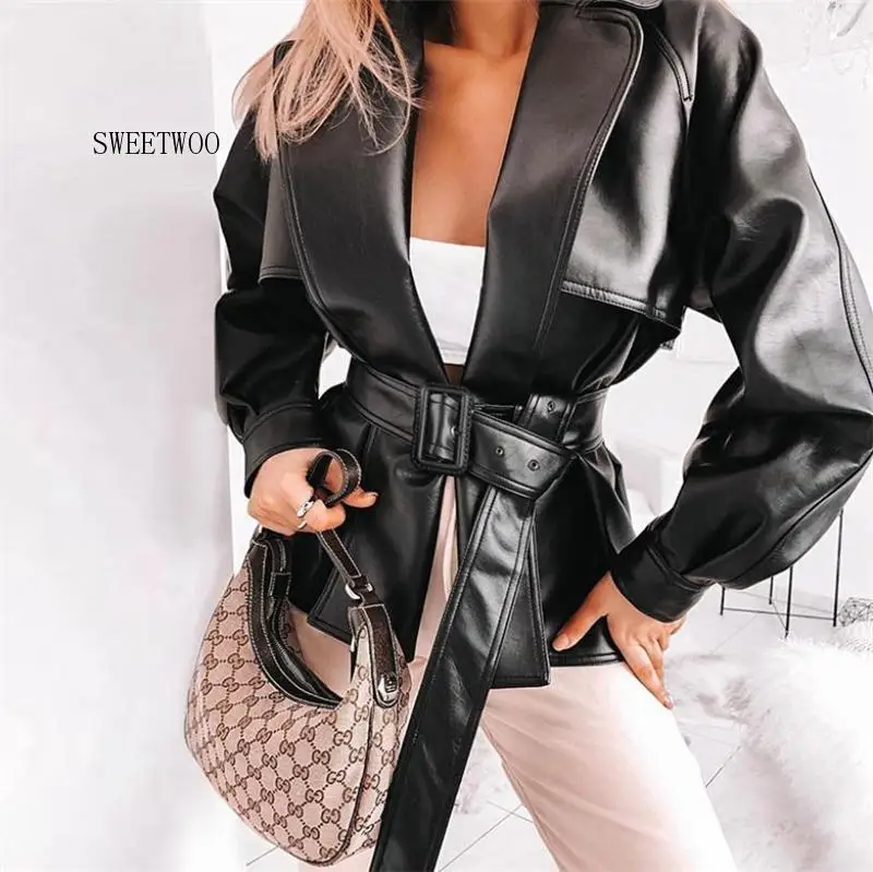 

Sexy Cool Streetwear Jacket Autumn Winter Women Leather Jacket Motorcycle Windbreaker Lady Long Sleeve Sashes Coat Outwear