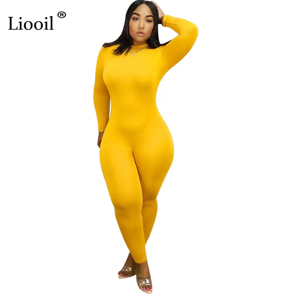 Liooil, черный сексуальный эластичный цельный Облегающий комбинезон, женская одежда, облегающие вечерние комбинезоны с длинным рукавом и круглым вырезом, женский комбинезон s - Цвет: Цвет: желтый