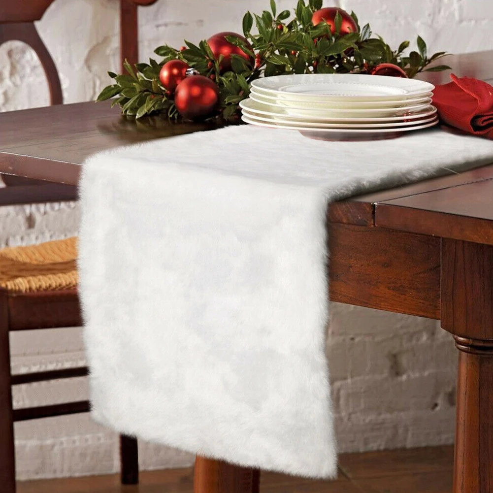 

Table Runner Modern Snowy White Fluffy Christmas Rectangle Holiday Soft Luxury Cover Home Decoration Faux Fur Thick Wedding