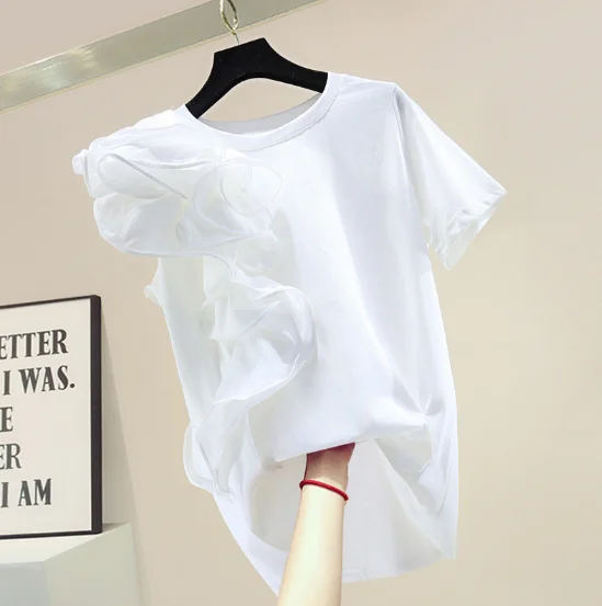 

Ruffled Short Sleeved T-shirt Female Summer Loose Solid Color Simple Leisure T-shirts Ladies All-match Black T Shirt Tees Tops