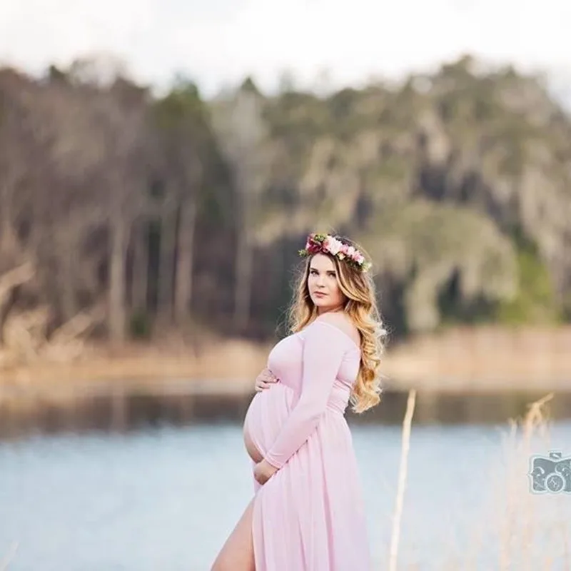 Материнства Платье для Фотосессии Макси СПЛИТ ПЕРЕДНЯЯ Шифон Сексуальная