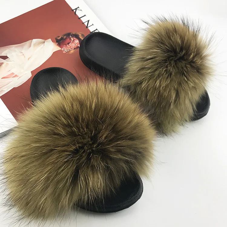 

Real Fox Slippers Kids Winter Fur Home Slides Girl Flop Flips Raccoon Fluffy Cute Flats Beach Summer Children Boys shoes